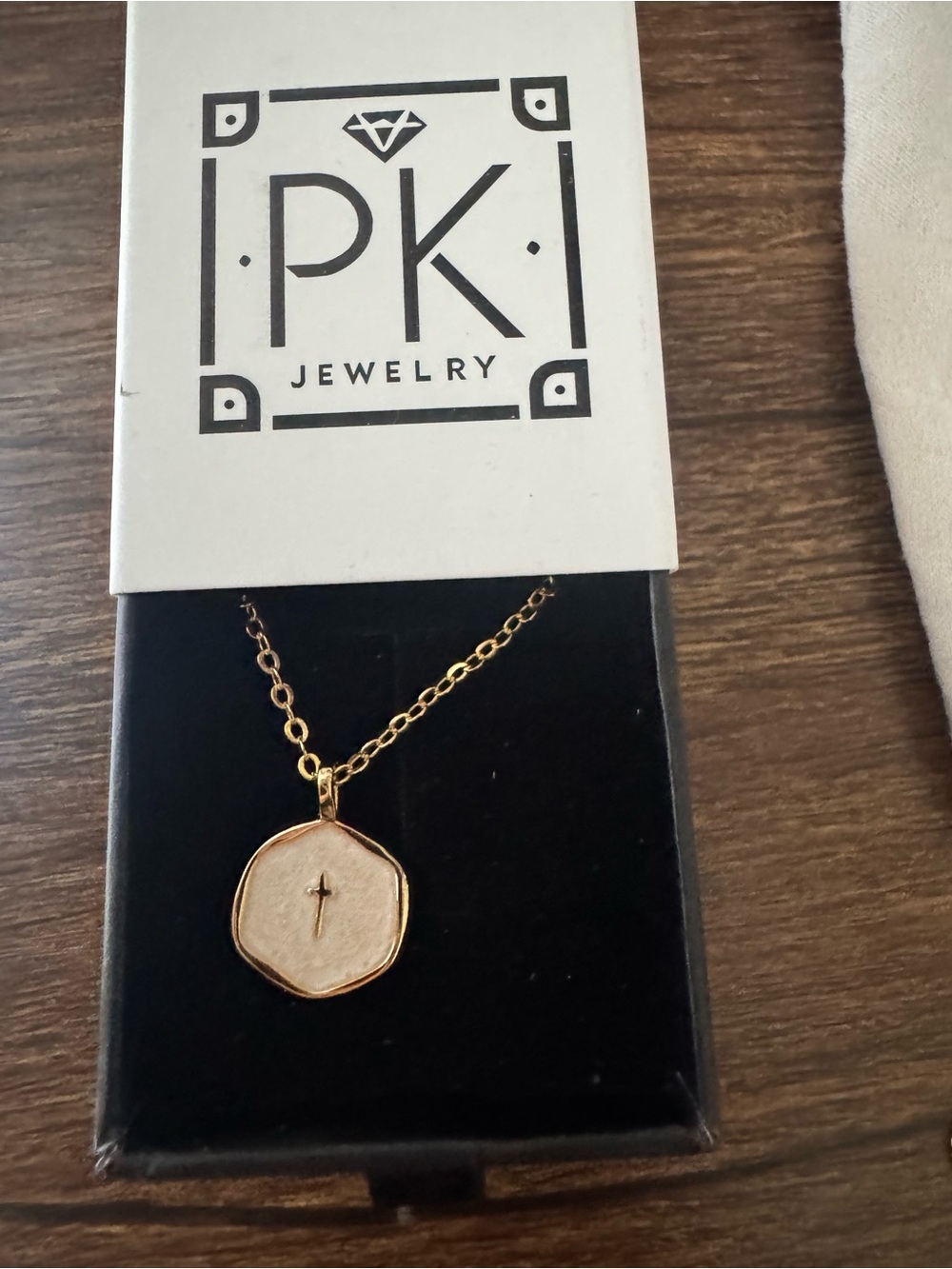 Gold Cross Pendant Necklace in Cream